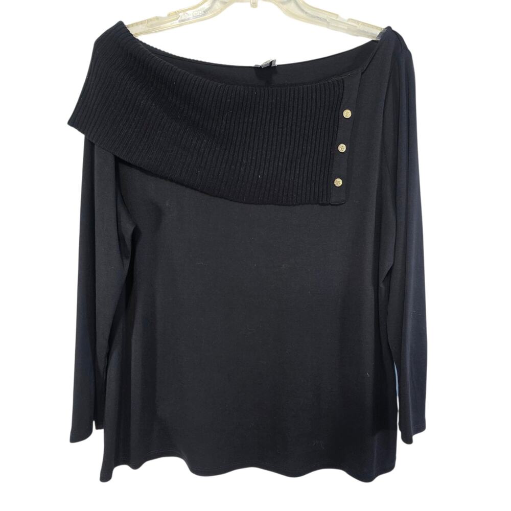 Anne Klein Envelope Black Ribbed Assymetrical Fold over Boat Neck Sweater XL